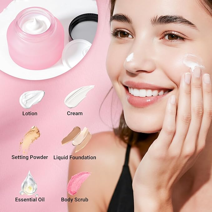 Segbeauty 1.7oz Small Frosted Glass Containers with Lids, Small Refillable Glass Jar for Lotion Cream Jars with Lids, Pink Travel Size Containers 4pcs 50ml, Empty Travel Size Bottles Jar with Spatulas
