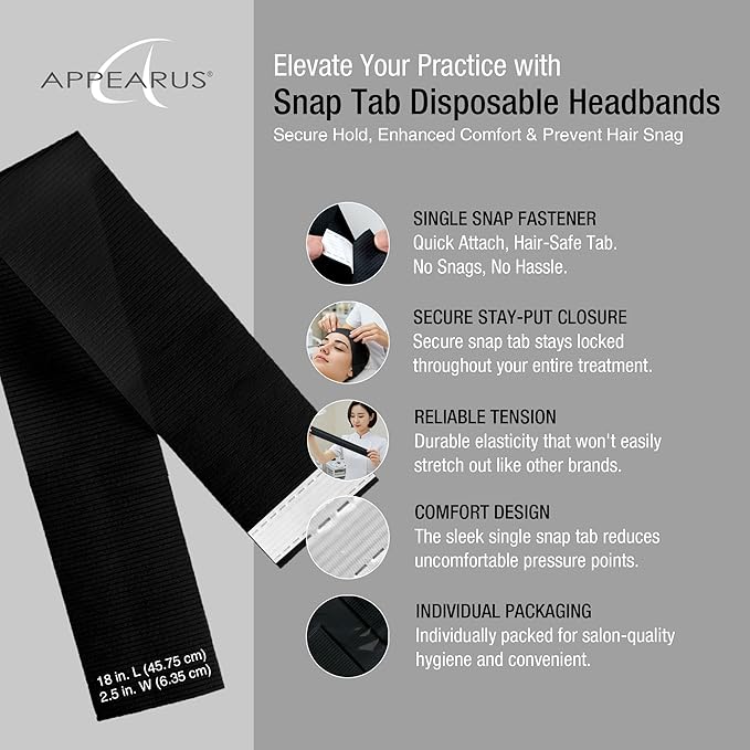 APPEARUS Disposable Spa Facial Headbands (100 Pack) – Individually Wrapped, Stretchable Non-Woven Hair Wraps with Single Snap Tab for Estheticians, Makeup, and Skincare