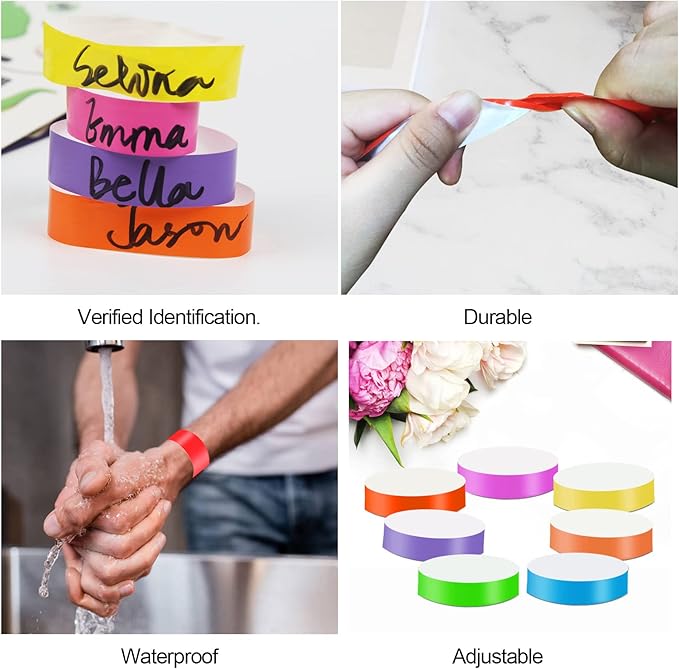 REHALY 1400 Pack Neon Wristbands for Events - Waterproof Paper Bracelets, Adhesive Armbands for Concerts (Red)