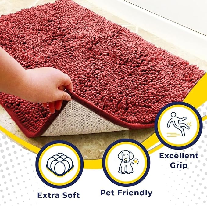 Muddy Mat® 2-Piece Red Medium 30"X19" AS-SEEN-ON-TV Highly Absorbent Microfiber Door Mat, Bath Mat and Pet Rug, Non Slip Thick Washable, Soft Chenille for Kitchen Bathroom Bedroom Indoor and Outdoor