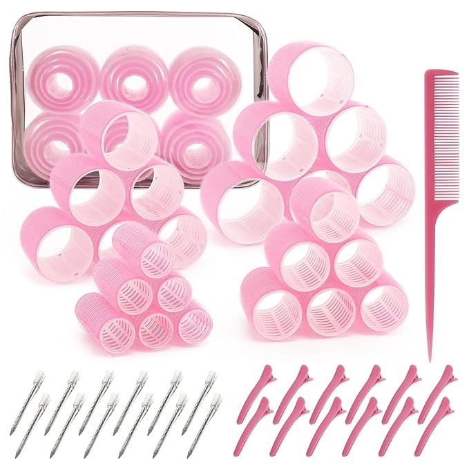 4 Sizes Hair Rollers for Women Set - 50 Pcs Hair Curler Rollers with Clips, Self Grip Hair Rollers for Long, Short Hair and Bangs, 25mm, 36mm, 48mm, 60mm, Pink
