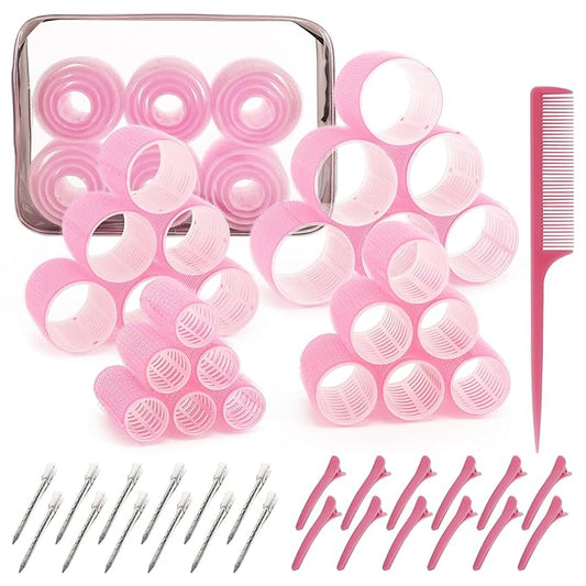 4 Sizes Hair Rollers for Women Set - 50 Pcs Hair Curler Rollers with Clips, Self Grip Hair Rollers for Long, Short Hair and Bangs, 25mm, 36mm, 48mm, 60mm, Pink