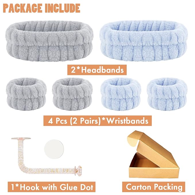 Face Wash Headband and Wristband Set of 2, Wrist Towels with Holder Microfiber Wristbands for Washing Face Absorbent Spa Wristbands Wrist Scrunchies