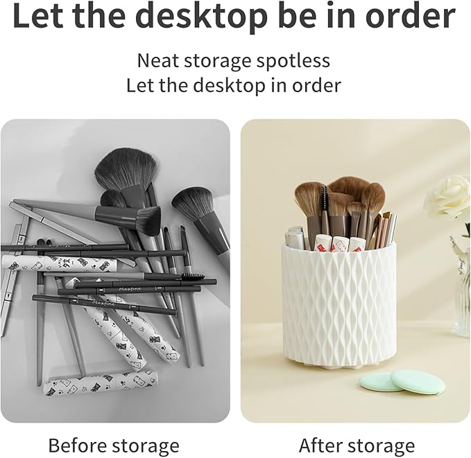 Makeup Brush Holder Organizer - 360° Rotating Makeup Brush Organizer 5 Slot Make up Brushes Cup for Cosmetics, Lipsticks, Art Supply, Bathroom Vanity Desktop Storage, White with Cover