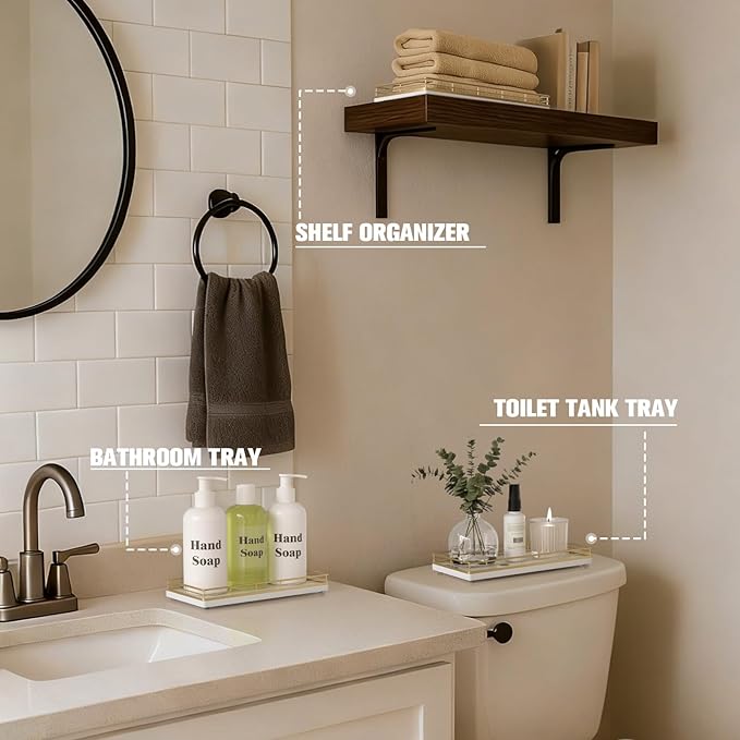 Bathroom Vanity Tray – 12" x 6" Oak Decorative Wooden Tray for Toilet Tank Organizer Wood Tray for Bathroom Countertop, Soap, Perfume & Accessories Storage, Vanity & Dresser Decor, Gold & White