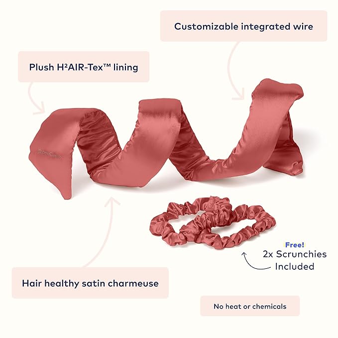 RobeCurls Original Heatless Hair Curler Set with 2 Scrunchies - Patented Satin Curling Headband with Wire Hold for Heatless Curls Overnight - Gentle Hair Curlers to Sleep In for Women & Kids, Rose