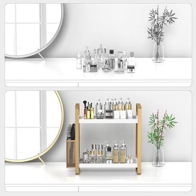 LEMIKKLE Bathroom Counter Organizer with Basket, Skincare,Makeup Organizers for Vanity,Storage Organizers for Bathroom, Kitchen, Dresser（White）