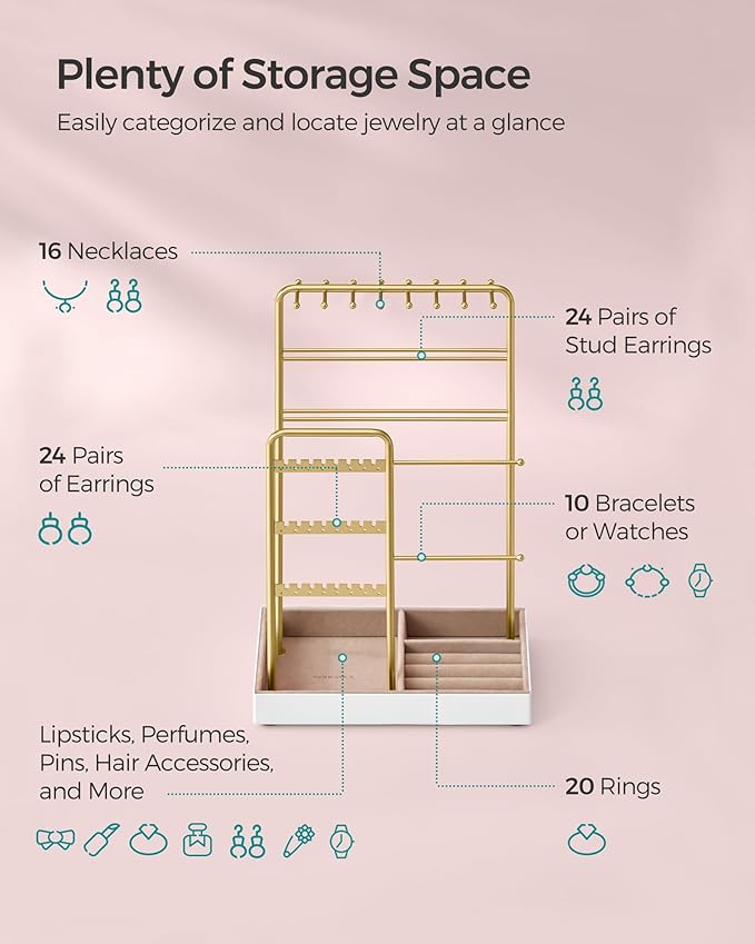 SONGMICS Set of 2 Jewelry Holders, Jewelry Organizers Display Stands with Metal Frame, Velvet Tray, Necklace Earring Bracelet Holders, for Studs, Rings, Gift Idea, Pale Gold UJJS021A01V1-2J