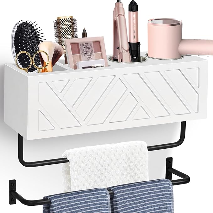 Hair Tool Organizer Wall Mount, Hair Dryer Holder with 2 Towel Bars, Wood Hot Tools Organizer, Rustic Bathroom Organizer Blow Dryer Holder for Bathroom Decor, Flat Iron, Curling Wand, Brushes(White)