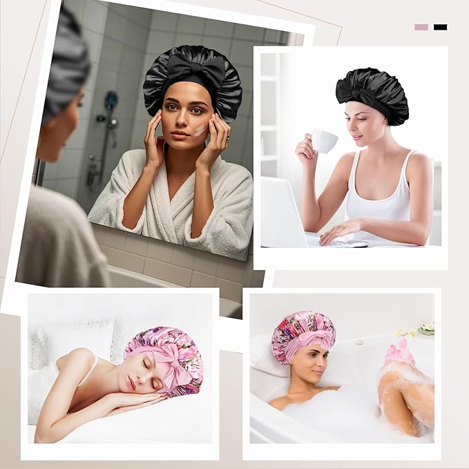 Arqumi 2 Pcs Satin Silk Bonnet for Sleeping Women, Long Strap Tie Band Adjustable Sleep Night Cap Curly Hair Bonnet Wrap for Braids Mother's Day Girls Gifts, Black + Pink Flower Pattern (Large)