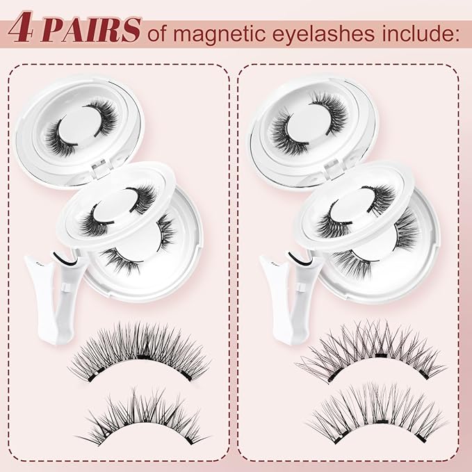Higu clace Magnetic-Eyelashes with Applicator 4 Pairs Magnetic-Lashes Natural Look Wispy Magnet Lashes Easy to Wear and Remove（DJCX-A08)