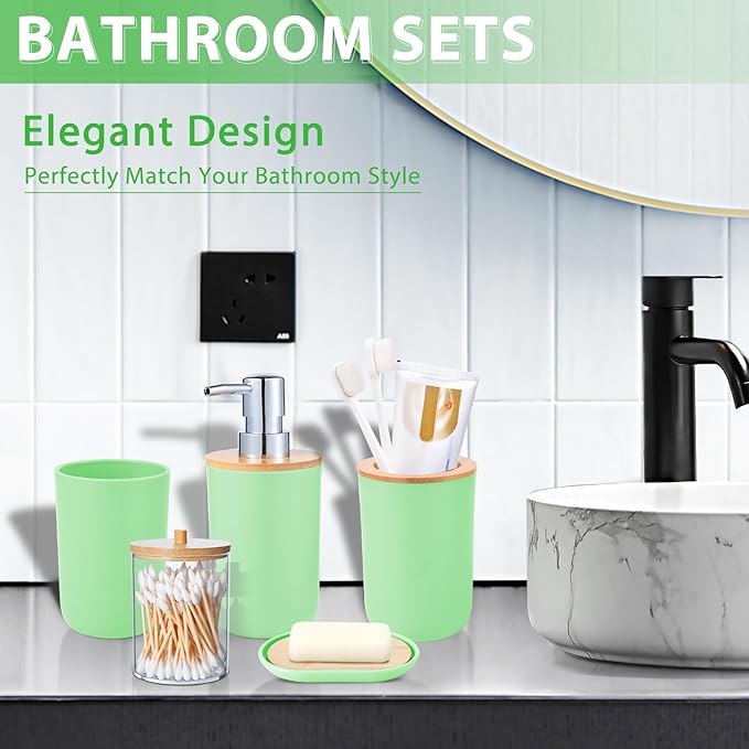 iMucci Bathroom Accessories Set 5Piece Green Bathroom Sets, Toothbrush Holder, Toothbrush Cup, Soap Dispenser, Soap Dish and Qtip Holder Bathroom Decor