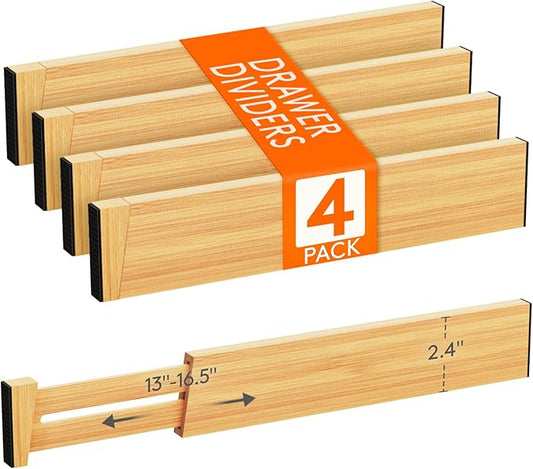 Lifewit 4 Pack Bamboo Drawer Dividers 2.4" High, 13-16.5" Kitchen Drawer Organizers, Adjustable Wooden Drawer Dividers for Clothes, Expandable Drawer Separators for Dresser, Bedroom, Bathroom, Cabinet
