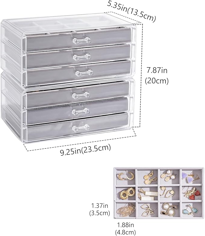 Lolalet Earring Holder Organizer Box Jewelry Storage with 6 Drawers, Clear Acrylic Stackable Earring Case with Adjustable Velvet Trays for Women on Dresser Vanity -Grey, 6 Layers