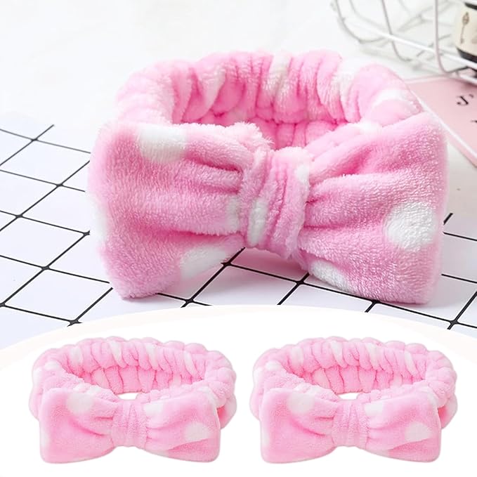 25 Pcs Pink Spa Headband Bulk Set - Soft Coral Fleece Makeup Headbands for Women, Elastic Bow Hair Bands for Washing Face, Skincare & Shower, Adjustable Hair Wraps (Pink with White Dots)