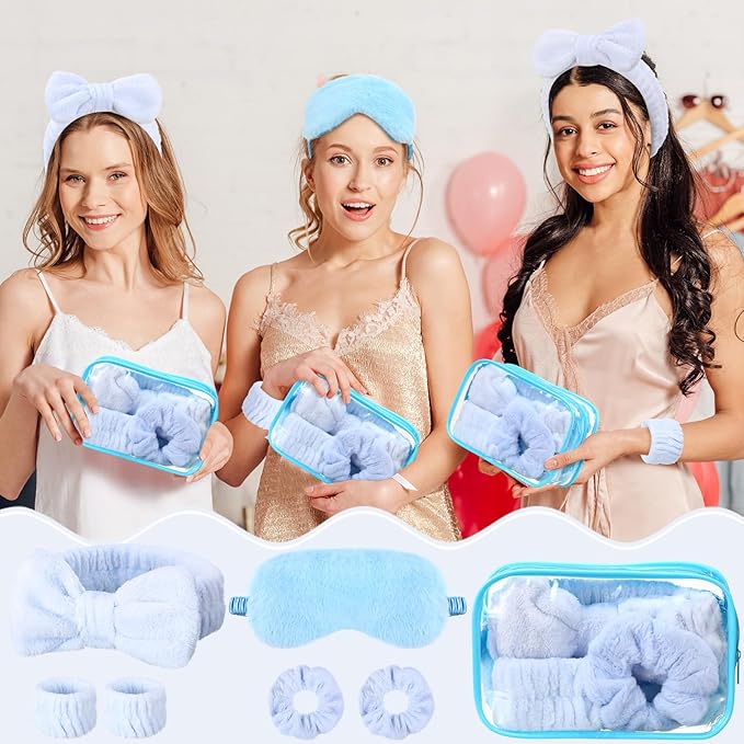 Hoteam 10 Pcs Galentine Spa Party Supplies Valentine Gift Set Sleepover Party Favor Spa Headband Wristband Sleep Eye Mask Velvet Scrunchies for Skin Care Makeup Slumber Night Favor(Blue)