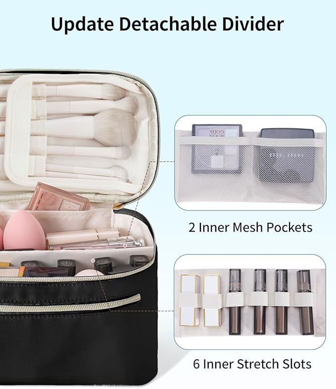 Wandering Nature Makeup Bag, Travel Make Up Bag with Divider, Makeup Case Organizer for Women in Fabric, Black