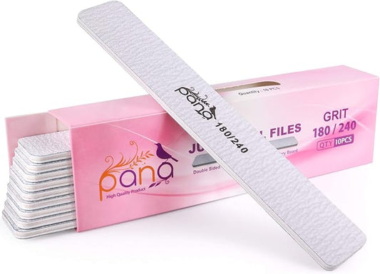 10PCS Jumbo Size PANA Professional Double Sided Nail Files - Zebra, 180/240 Grit - Emery Board Nail Buffering File Manicure Pedicure Nail Polisher Washable