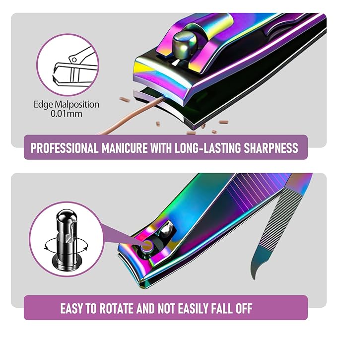 Nail Clipper Set, Sturdy Stainless Steel Fingernails & Toenails Clippers & Nail File, Sharp Effortless Fingernail Toenail Trimmer, Portable Nail Cutter for Women Men（Rainbow）