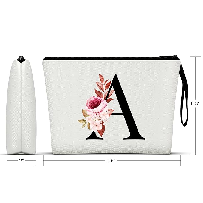 Vavabox A-Z Personalized Makeup Bag, Birthday Gifts for Women Mom, Gifts for Best Friend, Bride Bridesmaid Cosmetic bag (A, White)