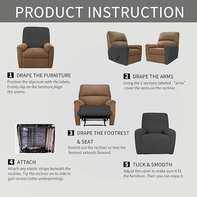 Easy-Going 4 Pieces Oversized Recliner Stretch Sofa Slipcover Sofa Cover Furniture Protector Couch Soft with Elastic Bottom Polyester Spandex Jacquard Fabric Small Checks Dark Gray,X-Large