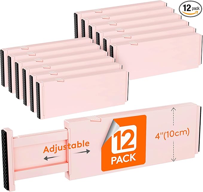 Lifewit 12 Pack Drawer Dividers Plastic 4" High, 11-17" Adjustable Drawer Organizers for Clothes, Expandable Dresser Separators in Bedroom/Bathroom/Kitchen/Office Organization and Storage, Pink