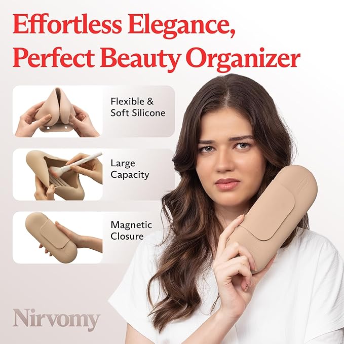 Travel Makeup Brush Holder, Silicone Makeup Brush Organizer, Dirt-Resistant Easy to Clean Makeup Brush Bag with Anti-Fall Out Magnetic Closure, Travel Essentials for Women (Walnut)