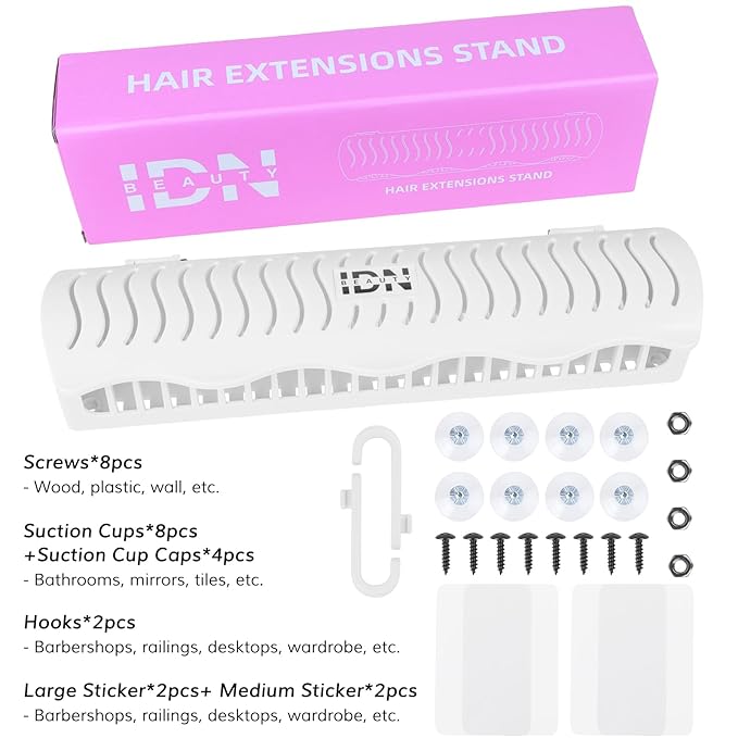 IDN BEAUTY Hair Extension Holder Stand for Styling, 4 Installation Modes With Tool, Hair Extension Holder Designed to Securely Hold Your Extensions for Washing, Styling, Packing and Storing (White)