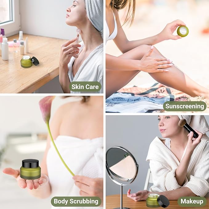 Segbeauty 1oz Green Frosted Glass Refillable Cosmetic Containers Jars with Lids, Empty Lotion Bottles with Spatulas, Travel Containers for Toiletries 4pcs 30ml, Empty Travel Size Bottles Jars