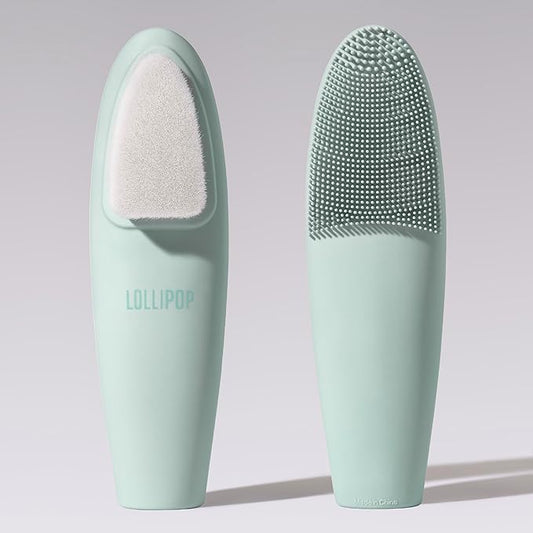 LOLLIPOP Dual-Sided Facial Cleansing Brush | Handle Size Silicone Face Exfoliator and Soft Fiber Cleanser | Manual Face Scrubber for Pores, Makeup Removal, Blackhead and Skincare Routine, Minty