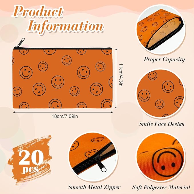 Reginary 20 Pieces Cosmetic Bag for Women, Roomy Makeup Bags with Zipper Toiletry Bag Pouch Travel Accessory Organizer Gifts, 7 x 4.3 Inches(Smile Face)