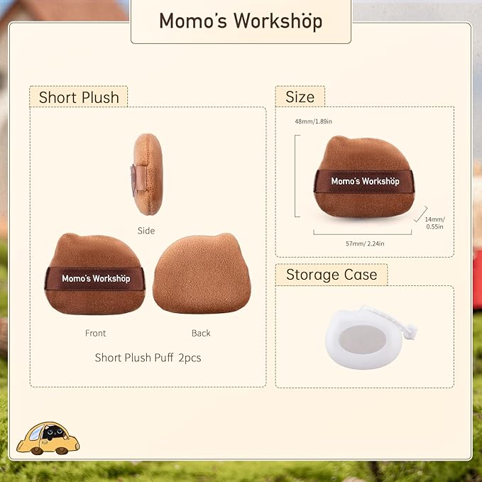 3-Pack Short Velour Powder Puffs with 85° Pointed Tip, for Precise Highlighting & All-Over Powder Setting, Dual-Sided Brown Puff for Cake Powder, Compact Foundation & Blush & Storage Case