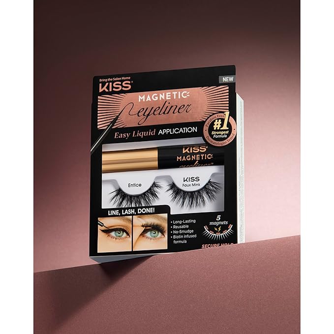 KISS Magnetic False Eyelashes and Eyeliner, ‘Entice’, 12mm, Easy to Apply, Reusable, No Glue, Flexiband Technology, Precision Felt Tip, Fortified Formula, 1 Pair Strip Lashes