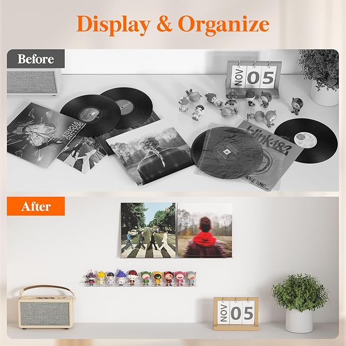 Lifewit Narrow Floating Shelves for Vinyl Record 10 Pack, 12" Clear Wall Shelves for Nail Polish/Book/Picture/Makeup, Acrylic Wall Display Shelf Organizer for Bedroom, Living Room, Bathroom Decor