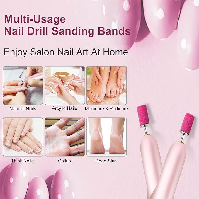 180Grit Nail Sanding Bands for Nail Drill, Pink Sanding Band for Nail Drill Fine Sanding Bands for Nail Drill with 3/32” Nail Sanding Bit for Natural Nail, 100Pcs Sand Band Set for Manicure & Pedicure