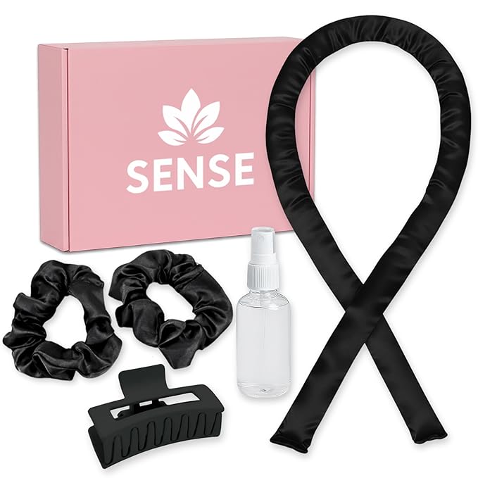 Satin Heatless Curling Kit, 39" Rod – No Heat Overnight Curls for Frizz-Free Waves – Comfortable Set w/ 2 Scrunchies, Claw Clip for All Hair Types (Black)