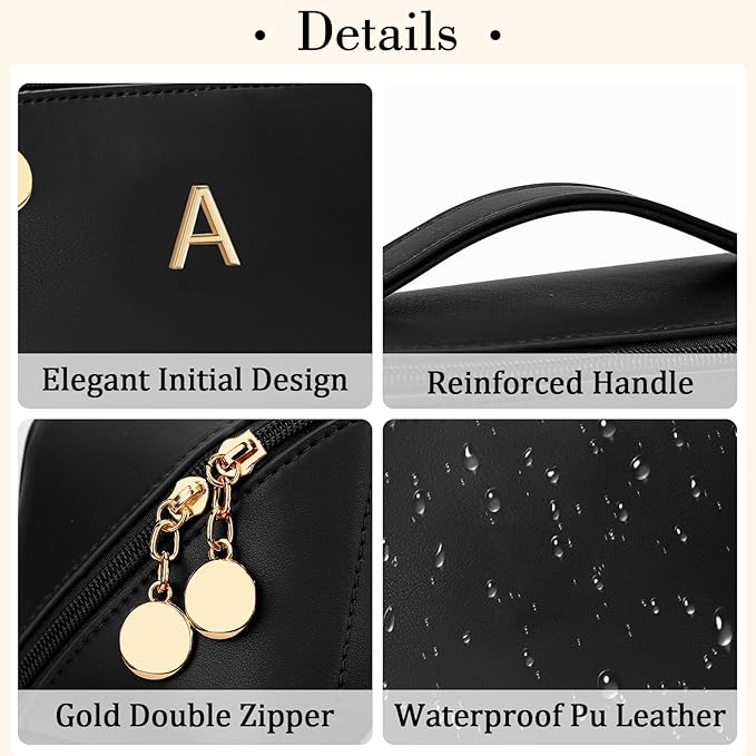 Birthday Gifts for Women Teen Girl, Personalized Initial Makeup Organizer Bag Set, Open Flat Travel Cosmetic Bag With Clear Divider and Handle(Black,A)