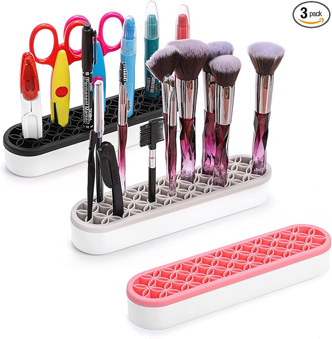 Elsjoy 3 Pack Silicone Makeup Brush Holder, Desktop Cosmetic Organizer Pen Holder, Sewing Tool Holder Beauty Tool Organizer Stand for Brush, Scissors, Toothbrush