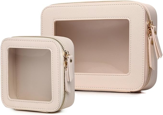Clear Makeup Bag Set Portable Travel Cosmetic Bag and Toiletry Bag Women's Purse Pouch Cosmetic Stroage Organizer Bag with Zipper Car Essentials (Beige, M+Mini)
