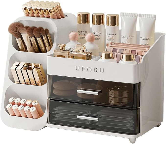 Makeup Organizer for Vanity with Brush Holder, Countertop Skincare Organizer with 2 Drawers, Spacious Cosmetic Display Case for Perfumes, Eyeshadow Palettes, Nail Polishes