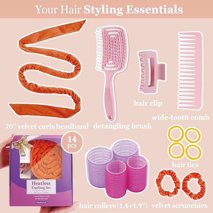 Heatless Curls Overnight, 70" Velvet Hair Curlers for Long Hair, No Heat Hair Rollers - Orange