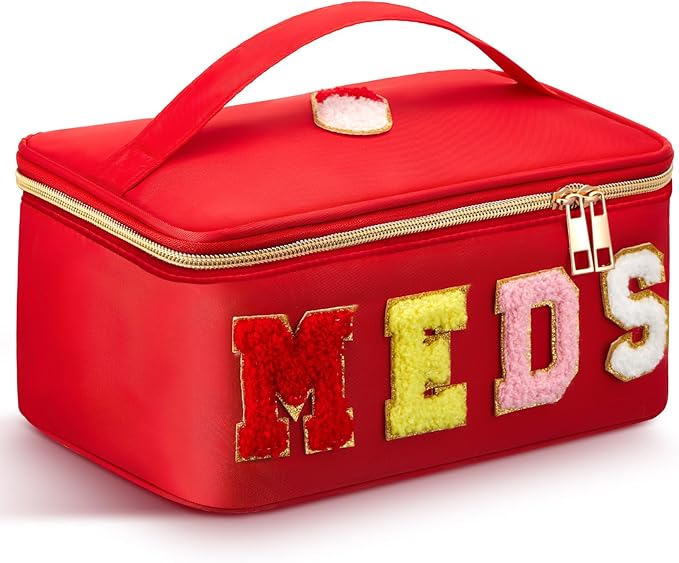 Geetery Clear Makeup Bag Chenille Letter Meds Bag Travel Cases Preppy Patch with Zipper, Portable Cosmetic Toiletry Storage case for Women(Meds,Red)