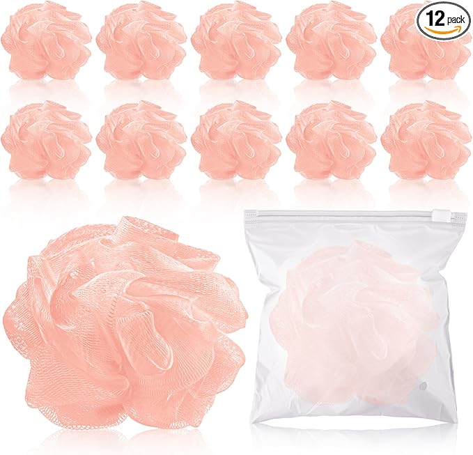 12 Pcs Travel Size Loofah Individually Wrapped, Small Shower Puff Bath Sponge Pouf Ball Bulk Mesh Bath Puff Mini Loofah Sponge with Case Bulk for Shower Care (25g,Pink)