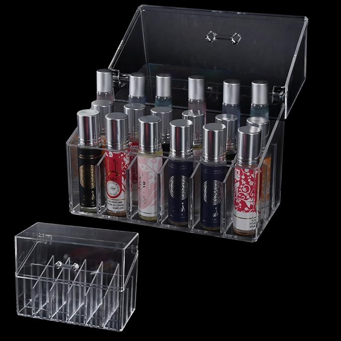 Wiojtry Acrylic Lipgloss Lip Gloss Holder & Rollerball Perfume Organizer for Compact Essential Oil Rollerball Perfume Holder, Makeup Brush, 18 Slots Tubular Storage Display Cabinet With Cover