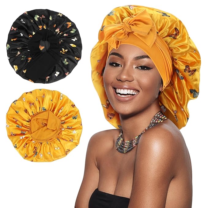 Arqumi Pack of 2 Satin Sleeping Bonnet, Large Satin Sleep Bonnet, Long Strap, Adjustable Sleep Cap Hair Bonnet, Butterfly Pattern Black+Yellow
