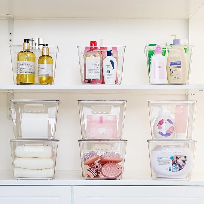 Vtopmart 12 Pack Clear Stackable Storage Bins with Lids, Large Plastic Containers with Handle for Pantry Organizer and Storage,Perfect for Bathroom,Cabinet,Kitchen,Fridge,Closet Organization