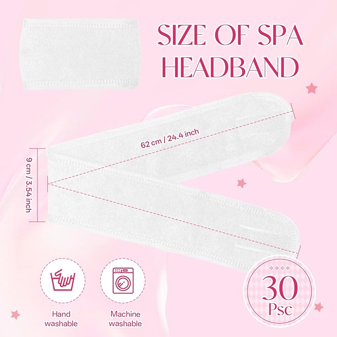 30 Pack Adjustable Spa Headband for Women – Non-Slip Facial Hair Wrap for Washing Face, Makeup, Shower, Skincare, and Yoga White