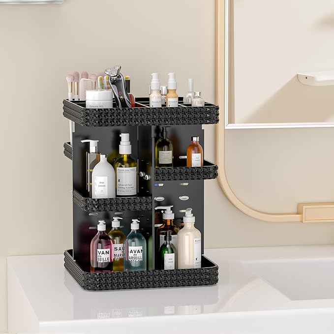 Rotating Makeup Organizer with Makeup Brush Holder, Large Capacity Perfume Organizer for Vanity Countertop, Acrylic Skincare Organizers Spinning Holder Storage Rack (Black)