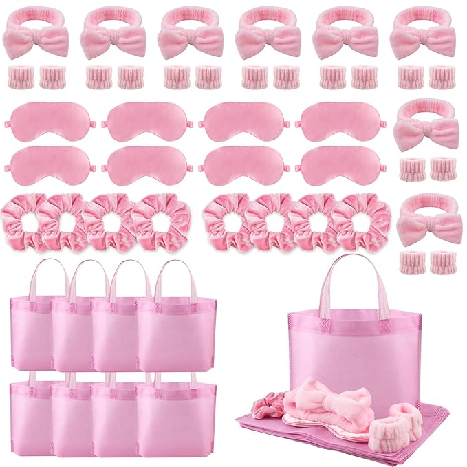 48 Pcs Sleepover Supplies for Girls Skincare Headband and Wristband Set Eye Mask Hair Scrunchie Tote Bag Spa Party Supplies Sleeping Stuff Accessories for Slumber Spa Party Favors Gift