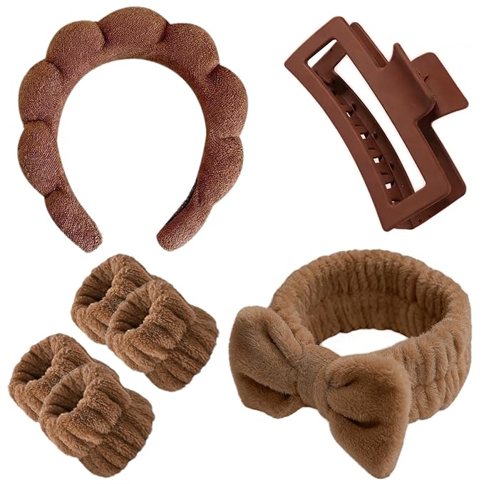 7 Pcs Spa Set, Facial Headband and Wristband Set, Skincare Accessories, College Style Girl Idea Gifts, Hair Accessories for Women and Girls （Dark Brown）